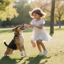 A youthful girl joyfully playing with a playful dog in a sunlit park