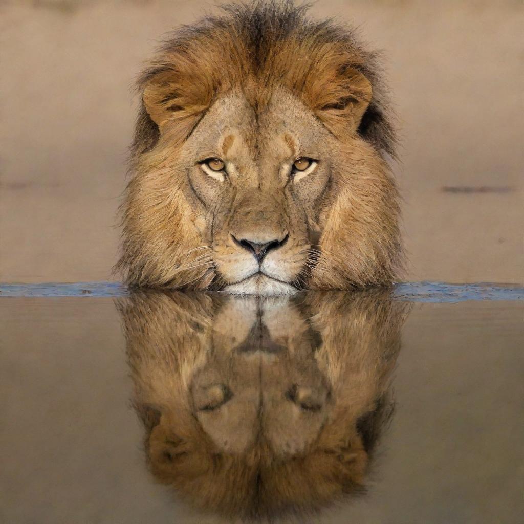 A majestic lion beautifully reflected in a large, mirror-like surface