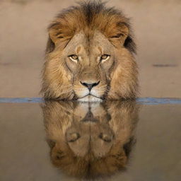 A majestic lion beautifully reflected in a large, mirror-like surface