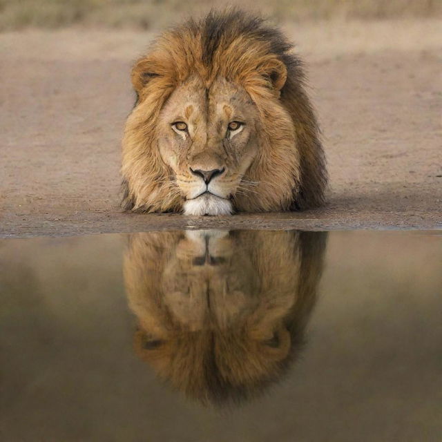 A majestic lion beautifully reflected in a large, mirror-like surface