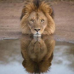 A majestic lion beautifully reflected in a large, mirror-like surface