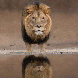 A majestic lion beautifully reflected in a large, mirror-like surface