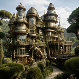 A sprawling villa in the fantasy style with intricate steampunk details, including gears and pipes, set within a lush, green landscape.