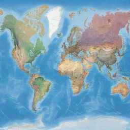 Highly detailed, colorful world map depicting all continents, countries, and oceans visible from a bird's-eye view.