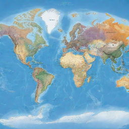 Highly detailed, colorful world map depicting all continents, countries, and oceans visible from a bird's-eye view.