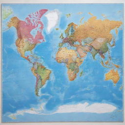 Highly detailed, colorful world map depicting all continents, countries, and oceans visible from a bird's-eye view.