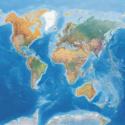 Highly detailed, colorful world map depicting all continents, countries, and oceans visible from a bird's-eye view.