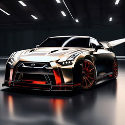 A Nissan GTR Nismo designed as a high-speed sleek airplane, maintaining key elements of the car's design within the plane's look.