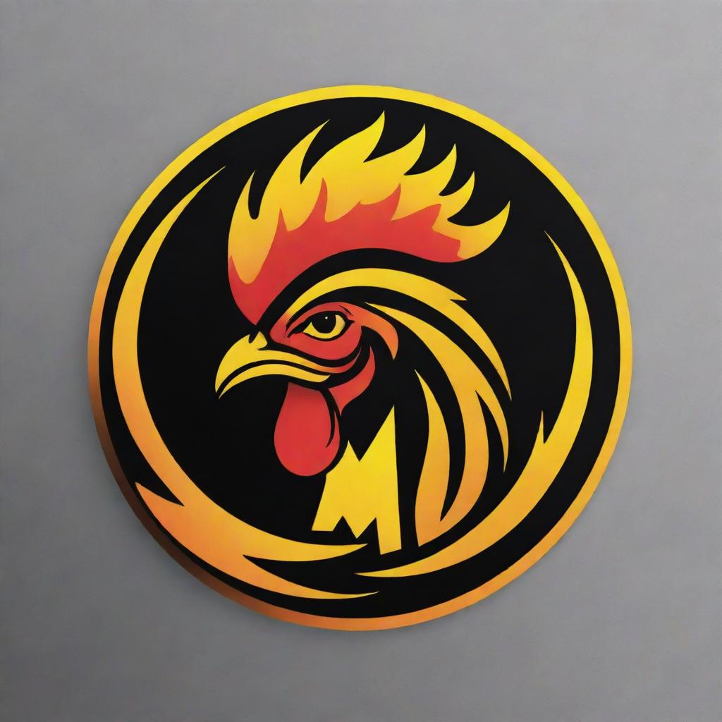 Design a circular logo sporting vibrant hues of black and yellow. Interweave the letters 'M&D', the image of a chicken head, and flames. The aesthetic should reflect a sense of adventure, heat, and delicious chicken flavors.