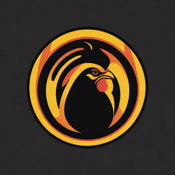 Design a circular logo sporting vibrant hues of black and yellow. Interweave the letters 'M&D', the image of a chicken head, and flames. The aesthetic should reflect a sense of adventure, heat, and delicious chicken flavors.