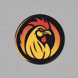 Design a circular logo sporting vibrant hues of black and yellow. Interweave the letters 'M&D', the image of a chicken head, and flames. The aesthetic should reflect a sense of adventure, heat, and delicious chicken flavors.