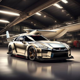 A Nissan GTR Nismo designed as a high-speed sleek airplane, maintaining key elements of the car's design within the plane's look.