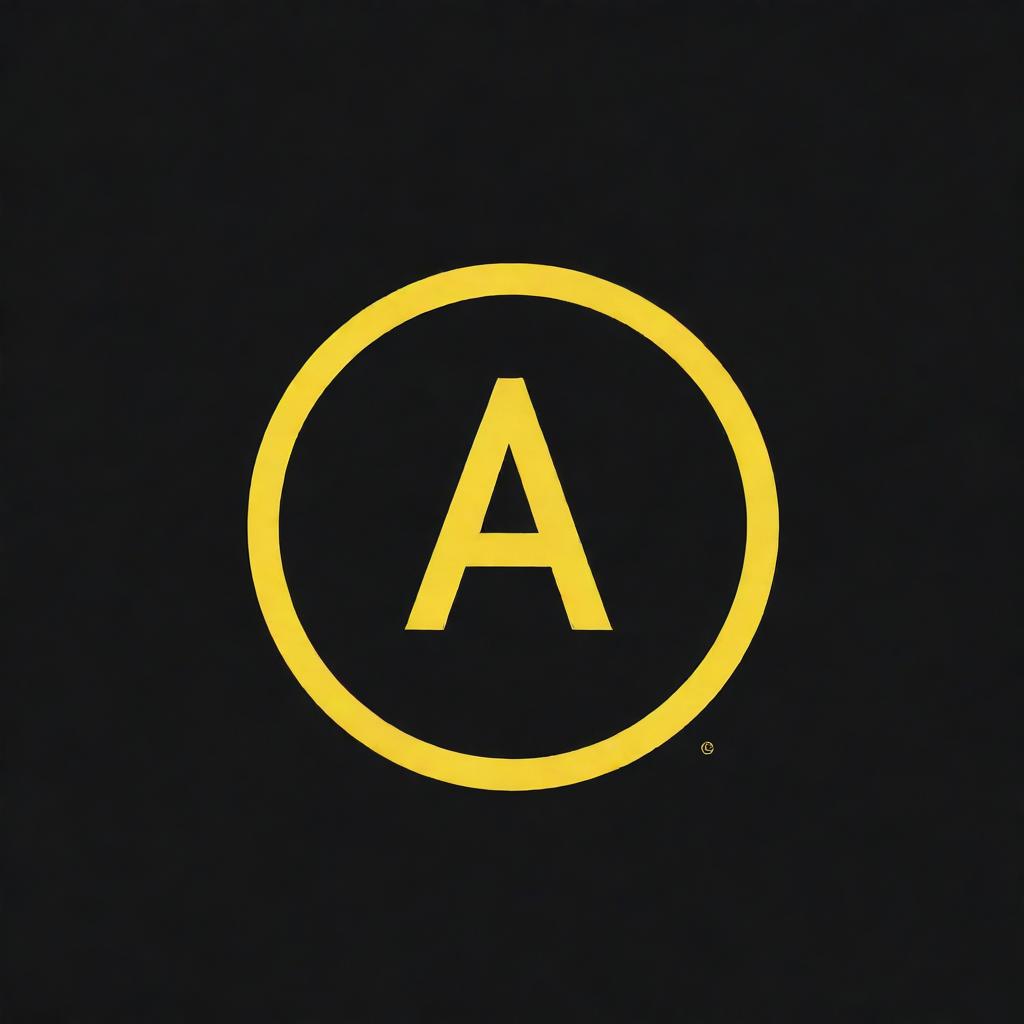 Generate a circular logo with a noir and yellow color scheme, prominently featuring the letter 'A'.