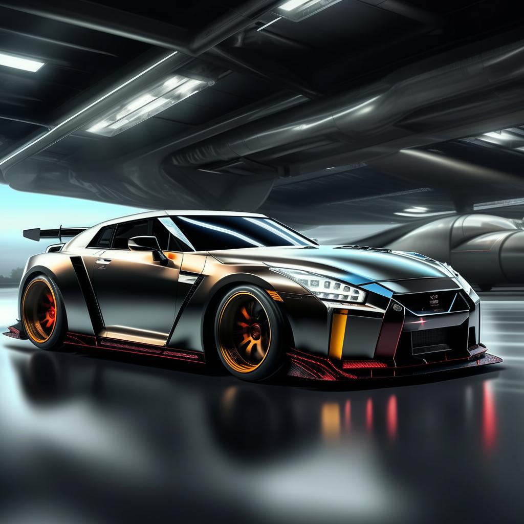 A Nissan GTR Nismo designed as a high-speed sleek airplane, maintaining key elements of the car's design within the plane's look.