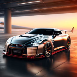 A Nissan GTR Nismo designed as a high-speed sleek airplane, maintaining key elements of the car's design within the plane's look.