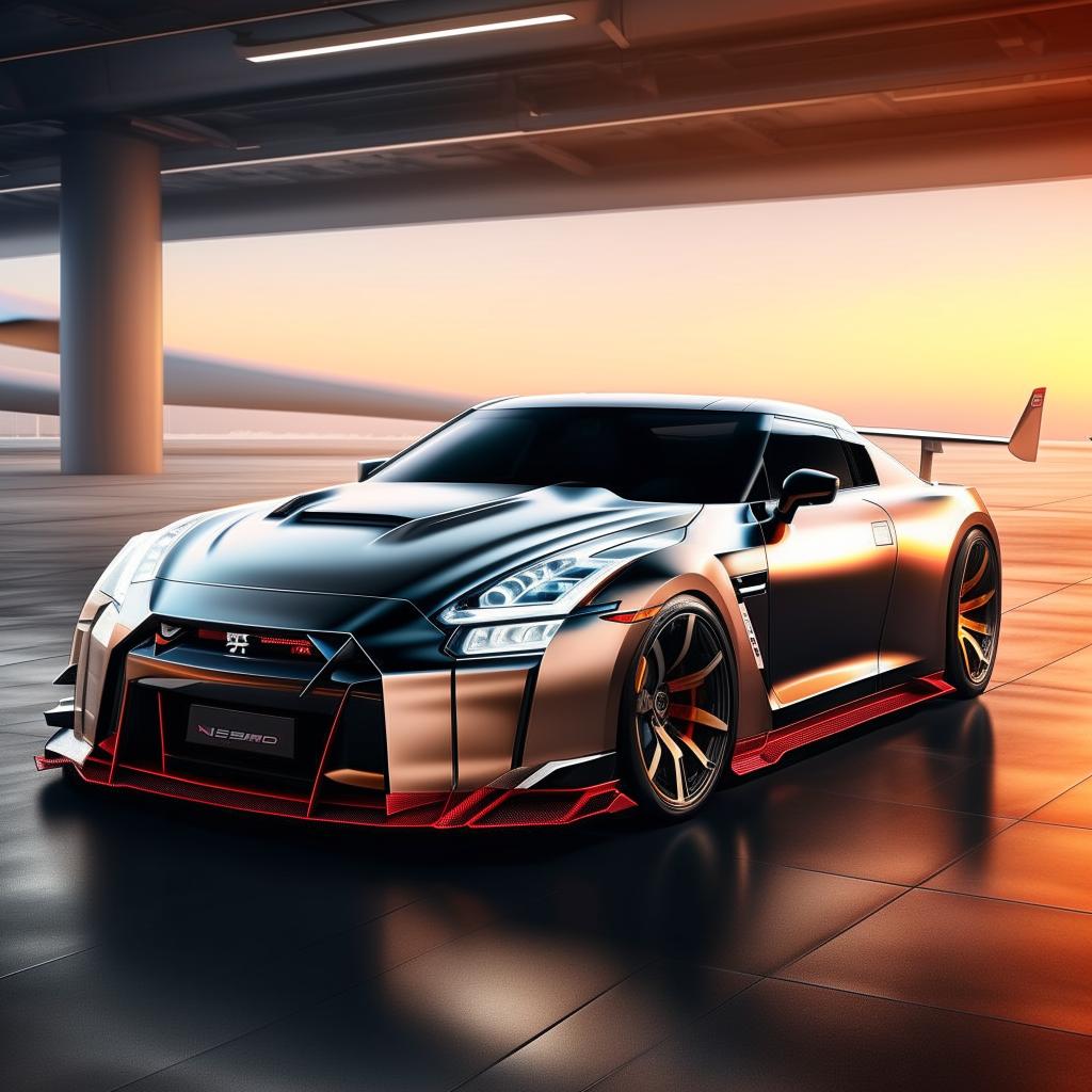 A Nissan GTR Nismo designed as a high-speed sleek airplane, maintaining key elements of the car's design within the plane's look.