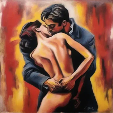 The painting depicted a passionate couple locked in a passionate tango, their bodies intertwined in perfect harmony.