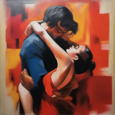 The painting depicted a passionate couple locked in a passionate tango, their bodies intertwined in perfect harmony.