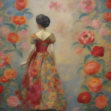 The artist used brocaded patterns in the background of the painting to create texture and visual interest.
