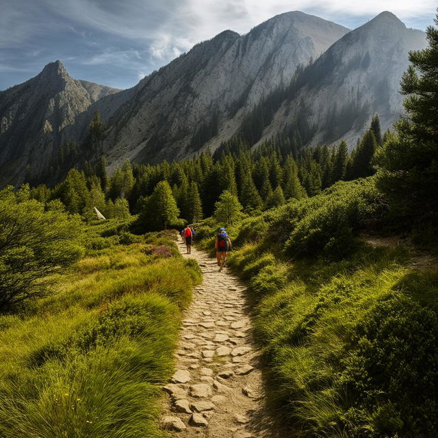 A sun-drenched mountain path during summer with hikers ascending.