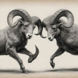 A sketch of two powerful rams clashing horns in a fierce battle