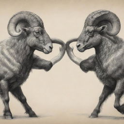 A sketch of two powerful rams clashing horns in a fierce battle