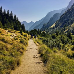 A sun-drenched mountain path during summer with hikers ascending.