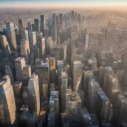 A sprawling cityscape densely packed with glass skyscrapers reflecting sunlight.