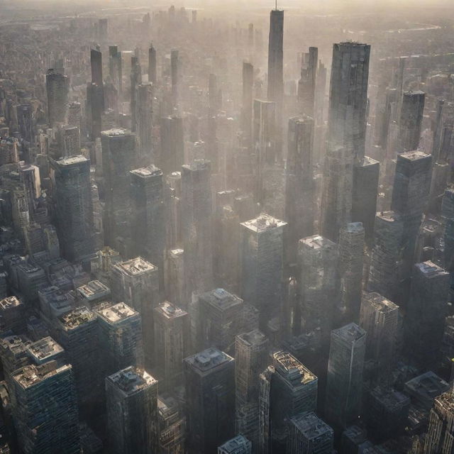 A sprawling cityscape densely packed with glass skyscrapers reflecting sunlight.