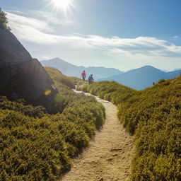 A sun-drenched mountain path during summer with hikers ascending.