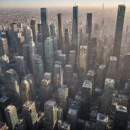 A sprawling cityscape densely packed with glass skyscrapers reflecting sunlight.