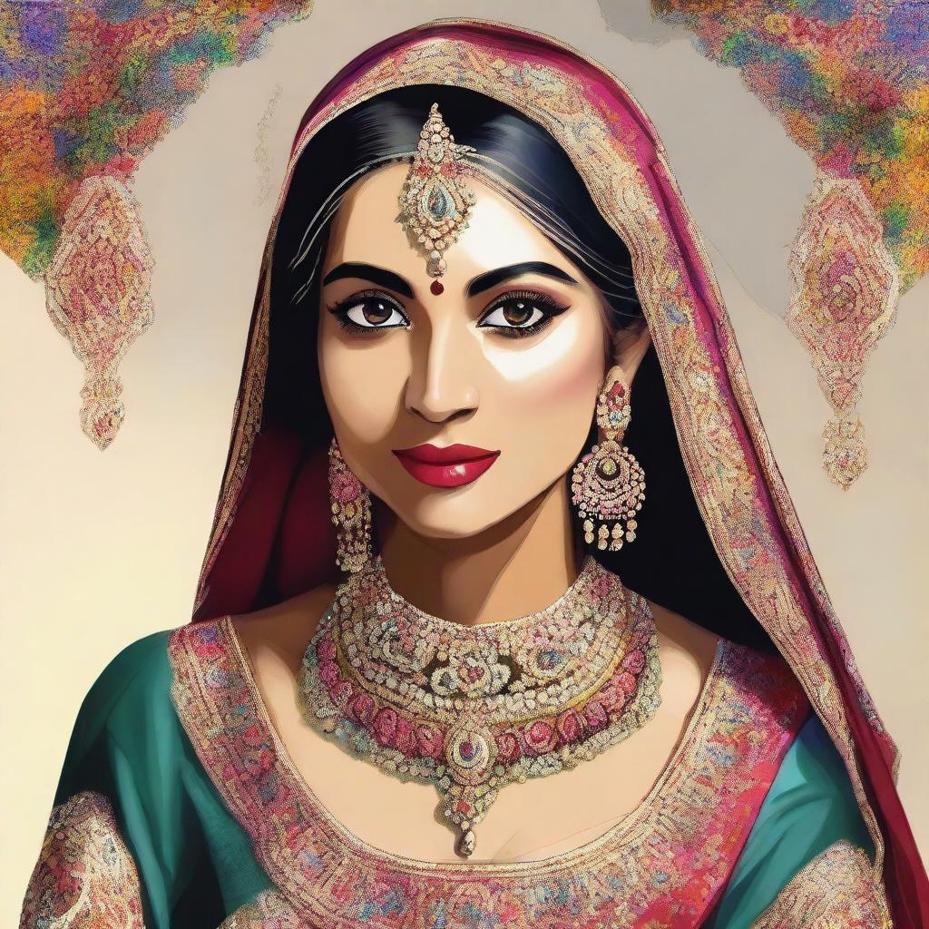 A high quality digital art capturing an Indian bride in a traditional wedding attire, with a slight modern twist