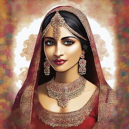 A high quality digital art capturing an Indian bride in a traditional wedding attire, with a slight modern twist