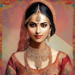 A high quality digital art capturing an Indian bride in a traditional wedding attire, with a slight modern twist