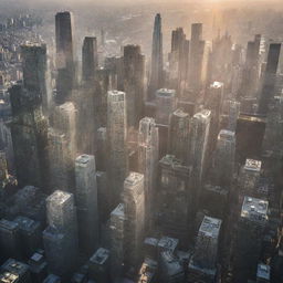 A sprawling cityscape densely packed with glass skyscrapers reflecting sunlight.