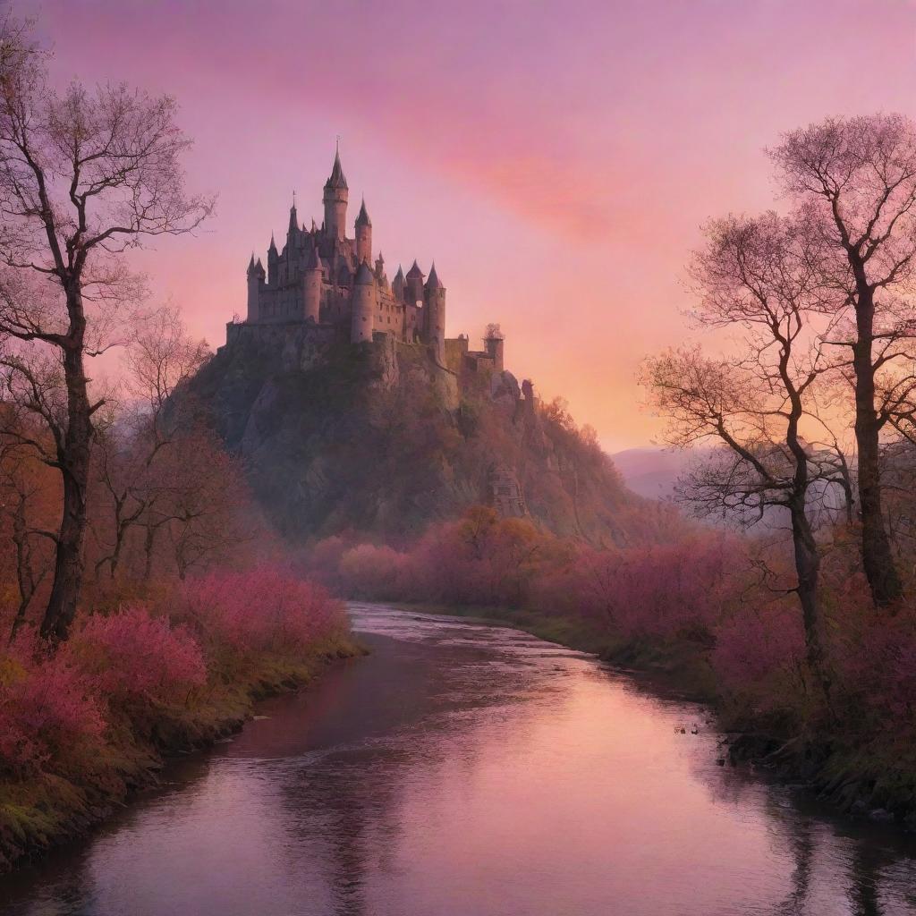 A fantasy landscape at sunset, featuring a mysterious castle silhouetted against an orange and pink sky, a gentle river flowing through the valley, and an ancient, intertwined forest bathed in twilight hues.