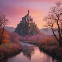 A fantasy landscape at sunset, featuring a mysterious castle silhouetted against an orange and pink sky, a gentle river flowing through the valley, and an ancient, intertwined forest bathed in twilight hues.