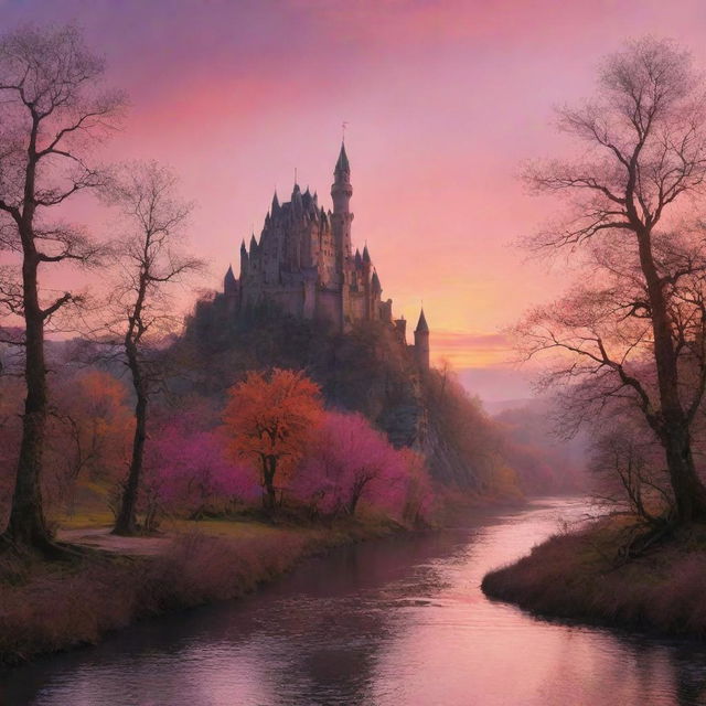 A fantasy landscape at sunset, featuring a mysterious castle silhouetted against an orange and pink sky, a gentle river flowing through the valley, and an ancient, intertwined forest bathed in twilight hues.