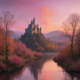 A fantasy landscape at sunset, featuring a mysterious castle silhouetted against an orange and pink sky, a gentle river flowing through the valley, and an ancient, intertwined forest bathed in twilight hues.