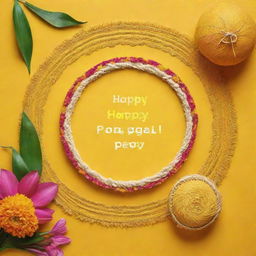 A unique and vibrant Instagram post with a yellow background, prominently featuring a cheerful 'Happy Pongal' wish.