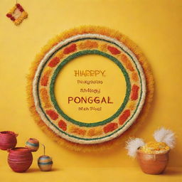 A unique and vibrant Instagram post with a yellow background, prominently featuring a cheerful 'Happy Pongal' wish.