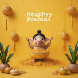 A unique and vibrant Instagram post with a yellow background, prominently featuring a cheerful 'Happy Pongal' wish.