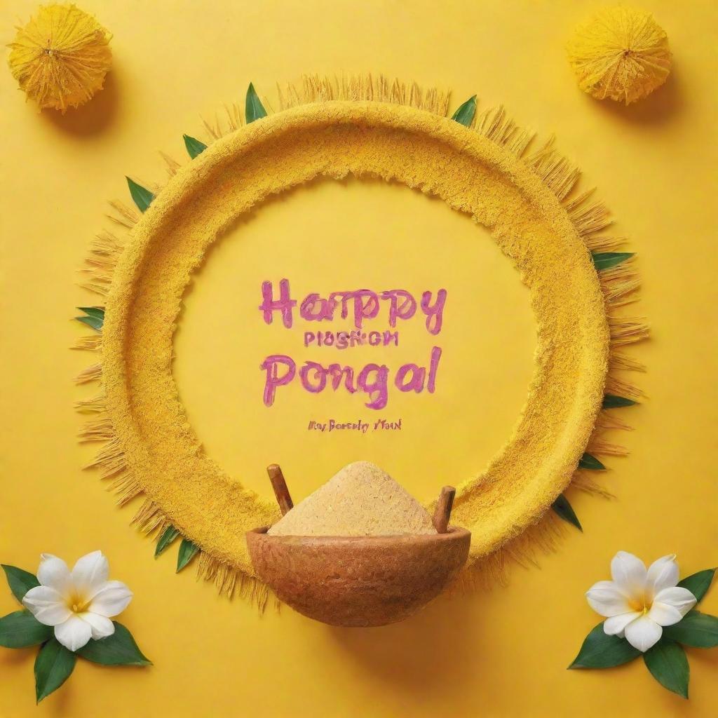 A unique and vibrant Instagram post with a yellow background, prominently featuring a cheerful 'Happy Pongal' wish.