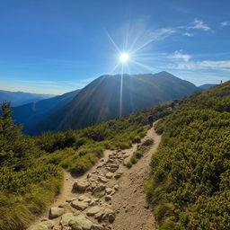 A sun-drenched mountain path during summer with hikers ascending.