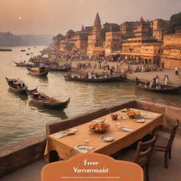 A warm, golden-hued postcard scene portraying the Ganges River, ornate traditional Varanasi boats, and the historic Assi Ghat. In the forefront, a set dining table, under the banner text 'Savor the Spirit of Varanasi at Assi Ghat Restaurant'.