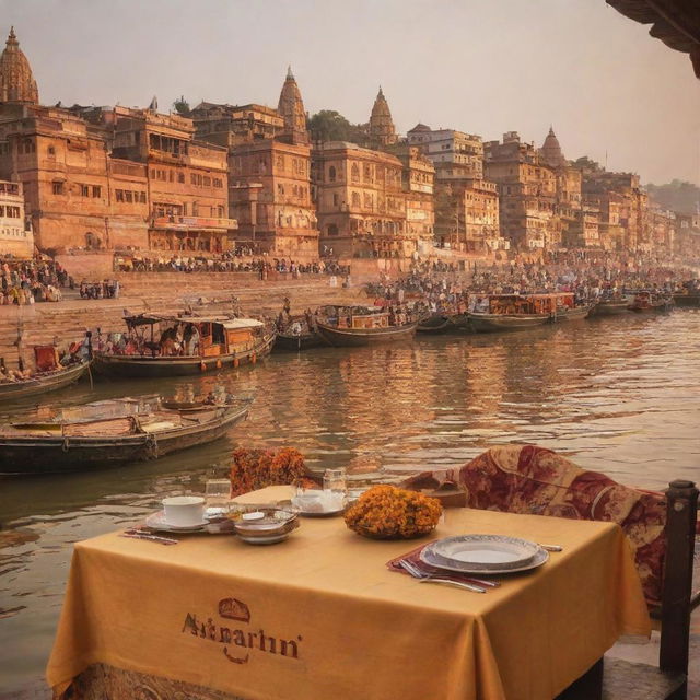 A warm, golden-hued postcard scene portraying the Ganges River, ornate traditional Varanasi boats, and the historic Assi Ghat. In the forefront, a set dining table, under the banner text 'Savor the Spirit of Varanasi at Assi Ghat Restaurant'.