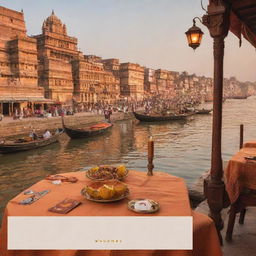 A warm, golden-hued postcard scene portraying the Ganges River, ornate traditional Varanasi boats, and the historic Assi Ghat. In the forefront, a set dining table, under the banner text 'Savor the Spirit of Varanasi at Assi Ghat Restaurant'.