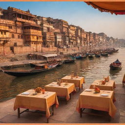 A warm, golden-hued postcard scene portraying the Ganges River, ornate traditional Varanasi boats, and the historic Assi Ghat. In the forefront, a set dining table, under the banner text 'Savor the Spirit of Varanasi at Assi Ghat Restaurant'.