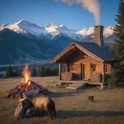 A peaceful evening mountain vista with alpenglow on snowcapped peaks, deep blue sky, an immaculate log cabin with smoke wafting out of the chimney in the foreground and a majestic wild elk roaming nearby