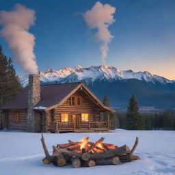 A peaceful evening mountain vista with alpenglow on snowcapped peaks, deep blue sky, an immaculate log cabin with smoke wafting out of the chimney in the foreground and a majestic wild elk roaming nearby